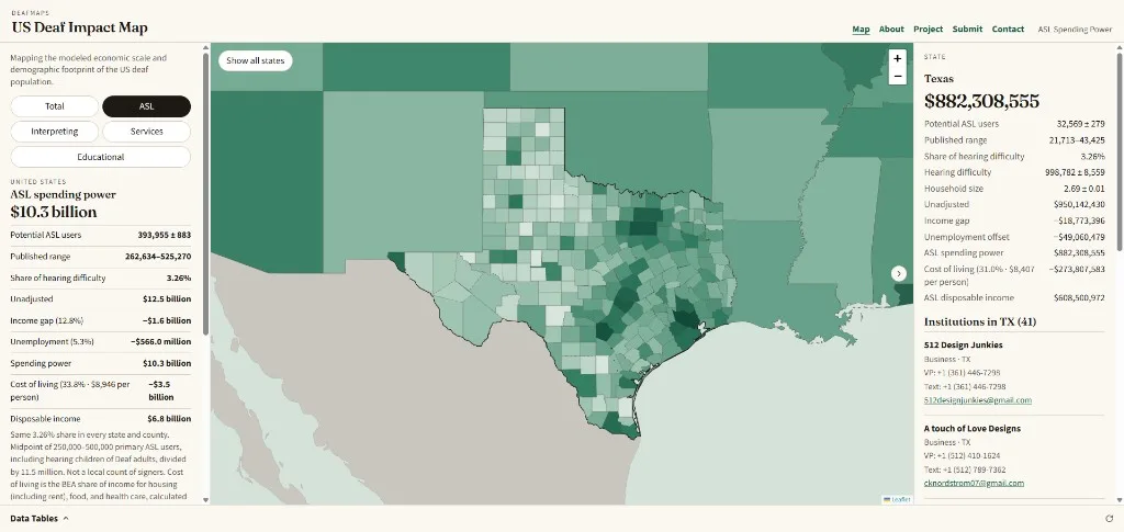 US Deaf Impact Map with Texas selected and the state spending panel open.