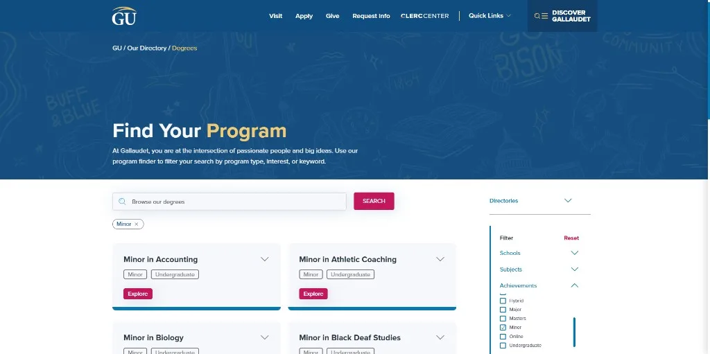 Gallaudet University program finder with the headline Find Your Program.