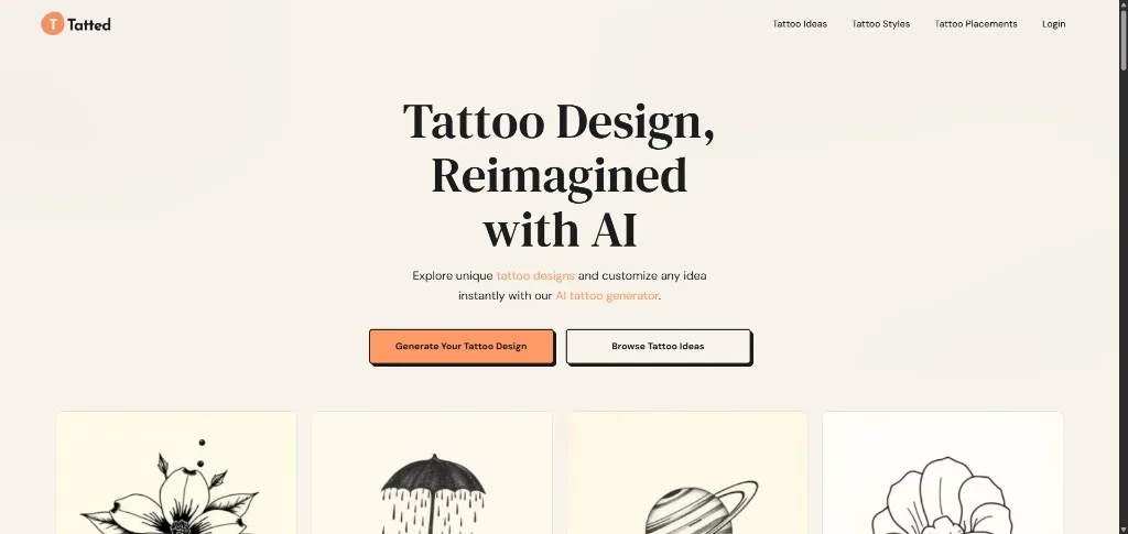 Tatted homepage with the headline Tattoo Design, Reimagined with AI.